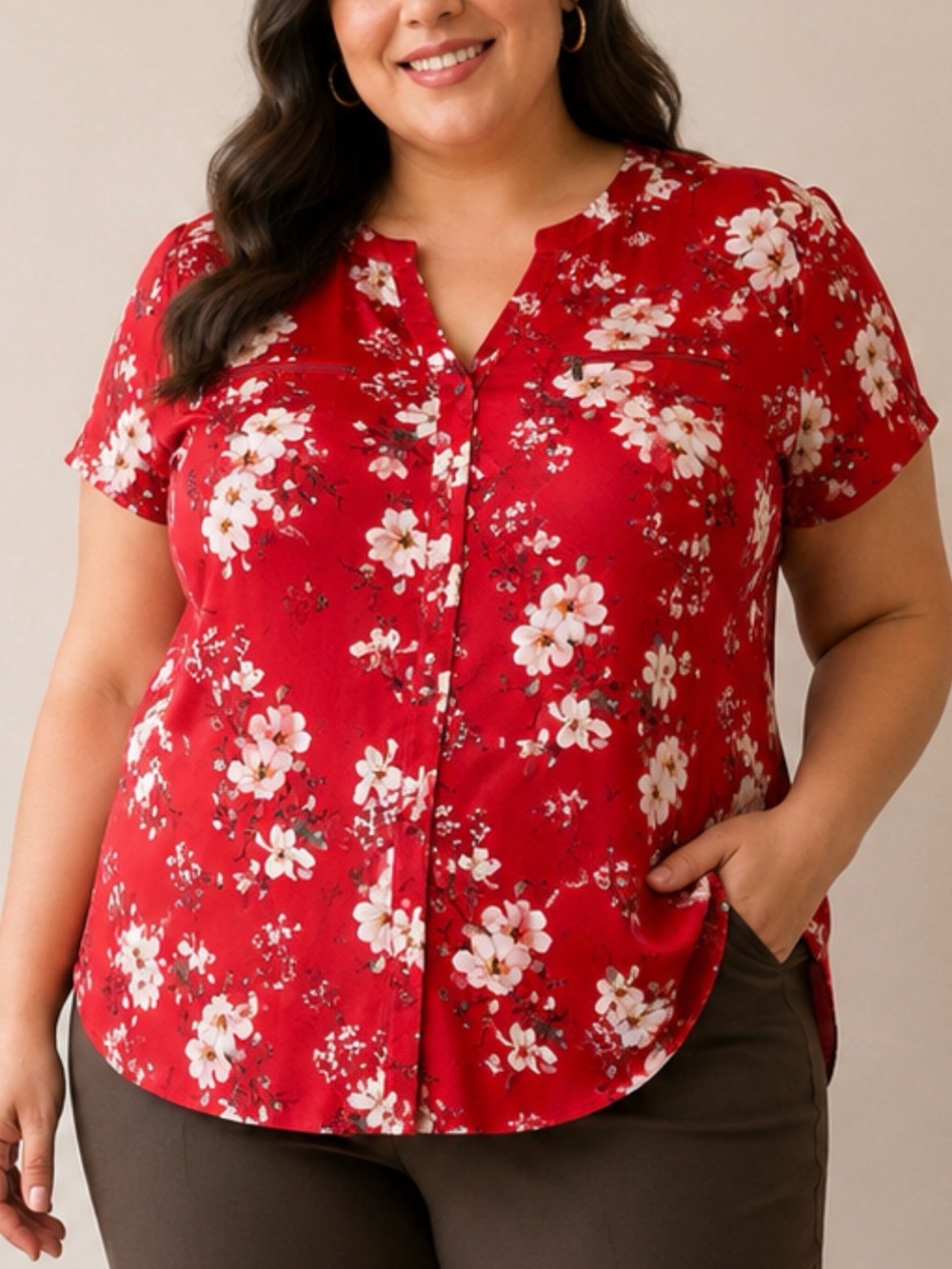 RUE+ Women's Red Floral V-Neck Button-Front Blouse Size 3X Plus Size EUC